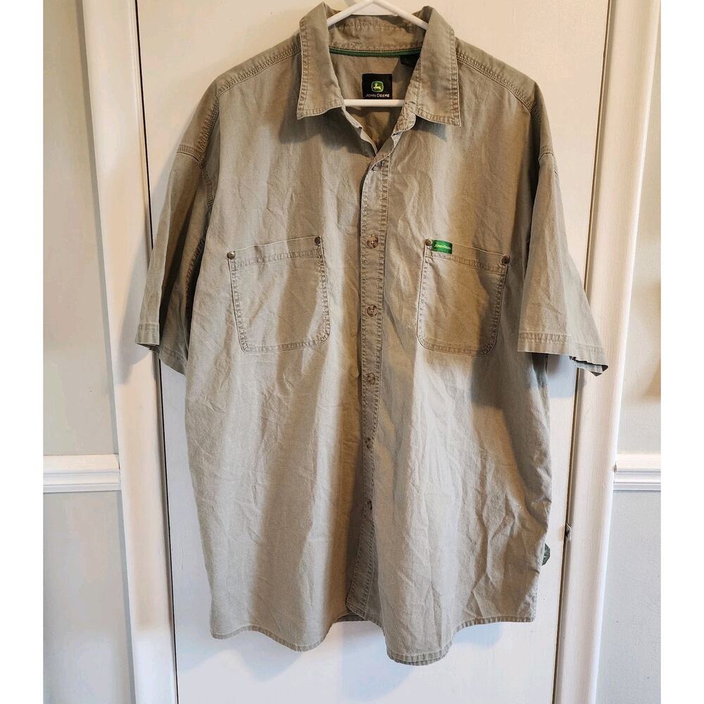 John Deere Shirt Mens XXL Khaki Short Sleeve Button Up Pocket Workwear Tractor